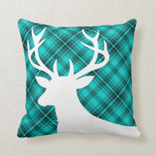 Plaid Rustic Deer Head Silhouette   teal Throw Pillow