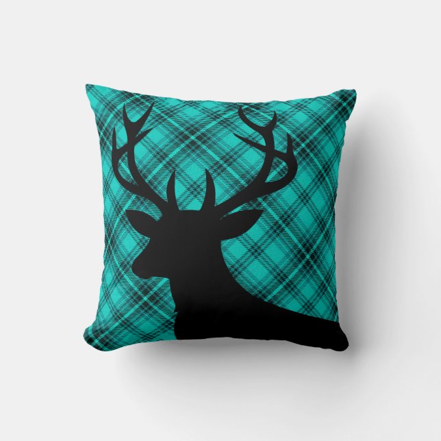 Plaid Rustic Deer Head Silhouette | teal Throw Pillow (Front)