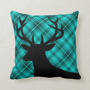 Plaid Rustic Deer Head Silhouette teal Throw Pillow