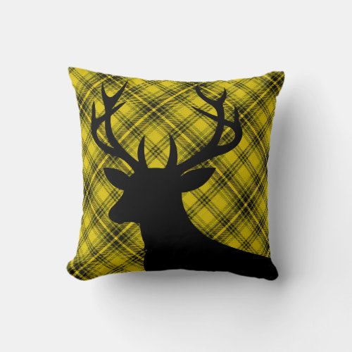 Plaid Rustic Deer Head Silhouette  yellow Throw Pillow