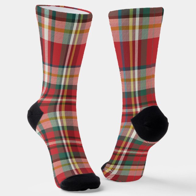 Plaid Rustic Elegant Red Checkered Holiday Socks (Angled)