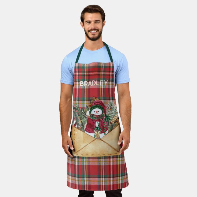 Plaid Rustic Holidays Personalized Cute Newlyweds Apron (Worn)