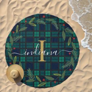 Plaid Rustic Monogram Script Wreath Tartan Beach Towel