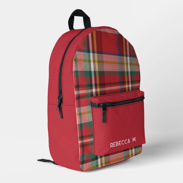 Plaid Rustic Preppy Red Personalized Printed Backpack (Back Corner Left)
