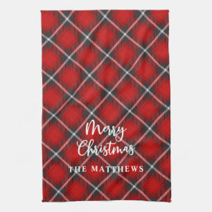 Plaid Rustic Red Black Merry Christmas Kitchen Towel