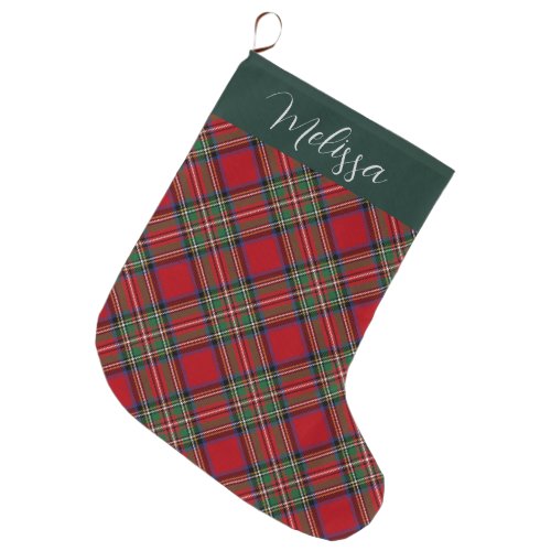 Plaid Rustic Red Green Personalized Stewart Tartan Large Christmas Stocking