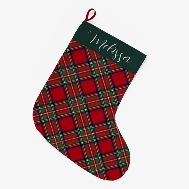 Plaid Rustic Red Green Personalized Stewart Tartan Large Christmas Stocking (Front (Hanging))