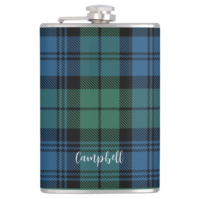 Plaid Rustic Script Campbell Tartan Custom Flask (Front)
