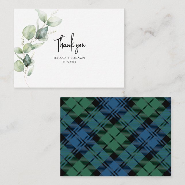 Plaid Rustic Wedding Tartan Eucalyptus Thank You Note Card (Front/Back)