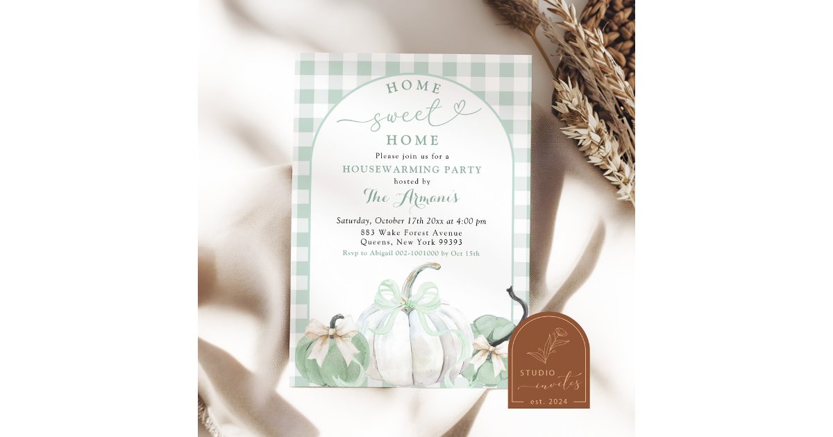 Plaid Sage Green Preppy Pumpkin Housewarming Party Invitation | Zazzle
