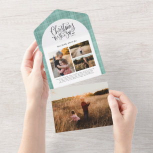 Plaid Santa Christmas Green Pink 4 Photo Holiday All In One Invitation