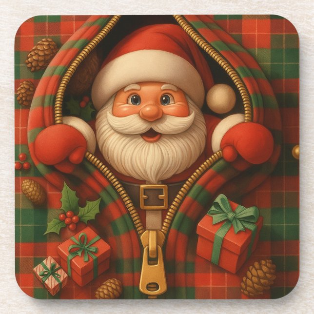 Plaid Santa Claus Christmas Design  Beverage Coaster (Front)