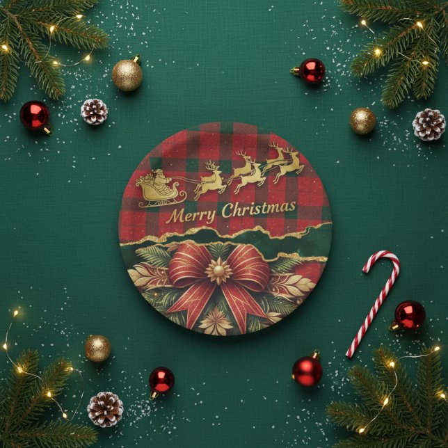 Plaid Santa Sleigh  Wreath Merry Christmas Gold Paper Plates (Creator Uploaded)