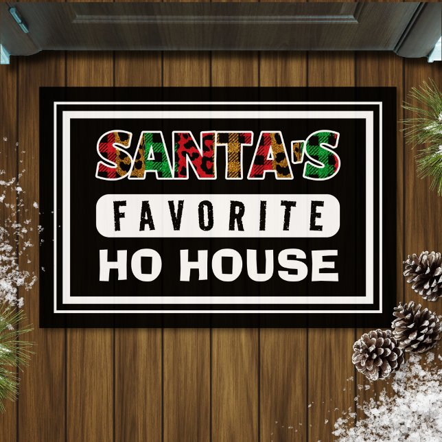 Plaid Santa's Favorite Ho House Funny Christmas Doormat (black Christmas doormat with funny quote "Santa's favorite ho house")