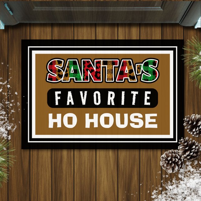 Plaid Santa's Favorite Ho House Funny Christmas Doormat (brown Christmas doormat with funny quote "Santa's favorite ho house")