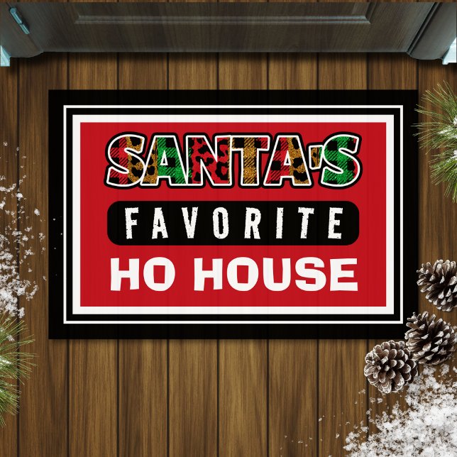 Plaid Santa's Favorite Ho House Funny Christmas Doormat (red Christmas doormat with funny quote "Santa's favorite ho house")