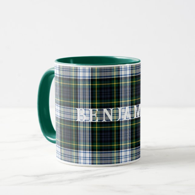 Plaid Scottish Clan Gordon Green White Tartan Mug (Front Left)