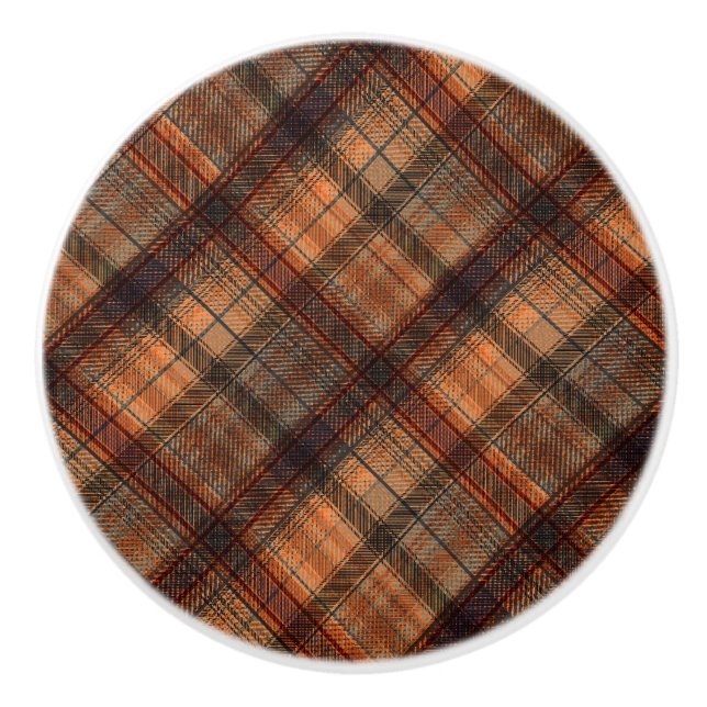 Plaid Scottish tartan brown orange black classic Ceramic Knob (Front)