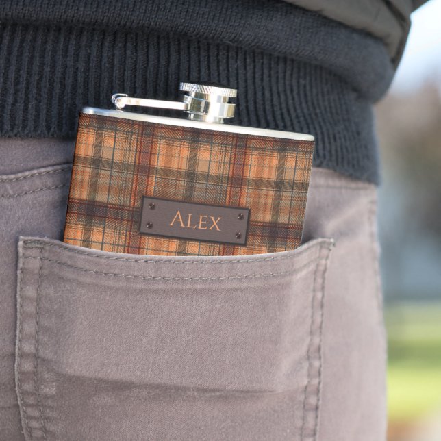 Plaid Scottish tartan brown orange black classic Flask (In Situ)