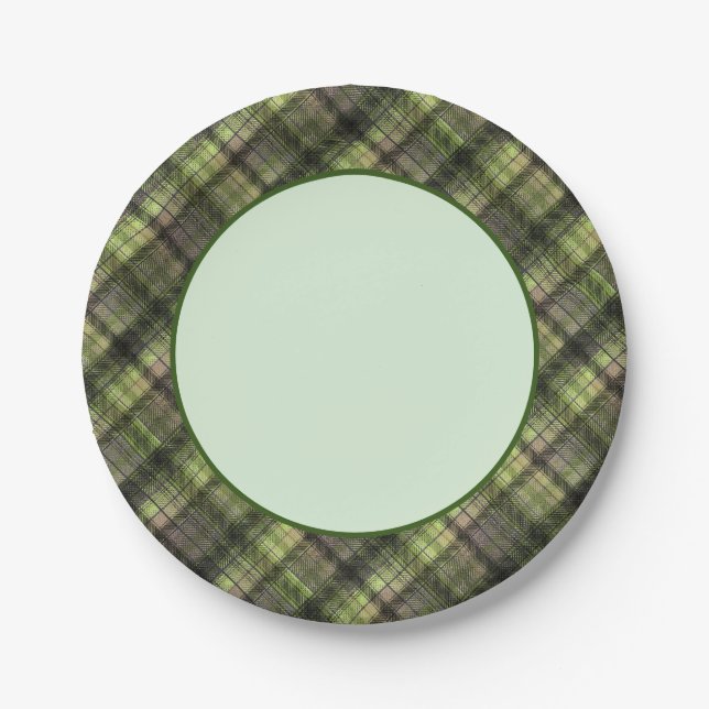 Plaid Scottish tartan green black classic Paper Plates (Front)