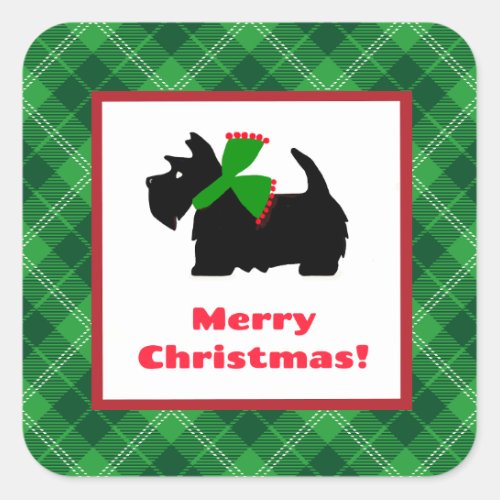 Plaid Scotty Dog Merry Christmas Gift Ideas Square Sticker