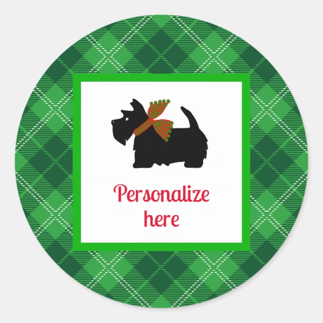 Plaid Scotty Dog Merry Personalized Gift  Classic Round Sticker (Front)