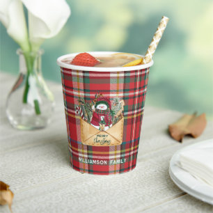 Plaid Script Christmas Custom Family Rustic Paper Cups