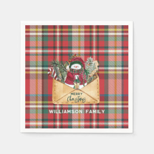 Plaid Script Christmas Custom Family Rustic Paper Napkins