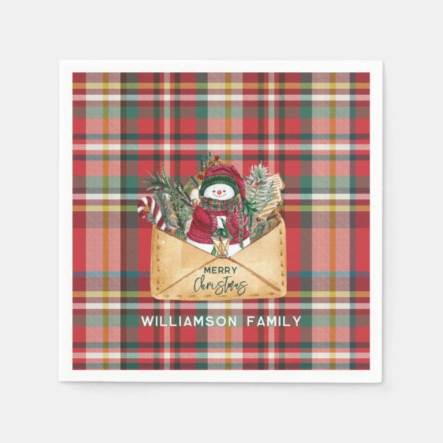 Plaid Script Christmas Custom Family Rustic Paper Napkins (Front)