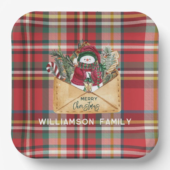 Plaid Script Christmas Custom Family Rustic Paper Plates (Front)