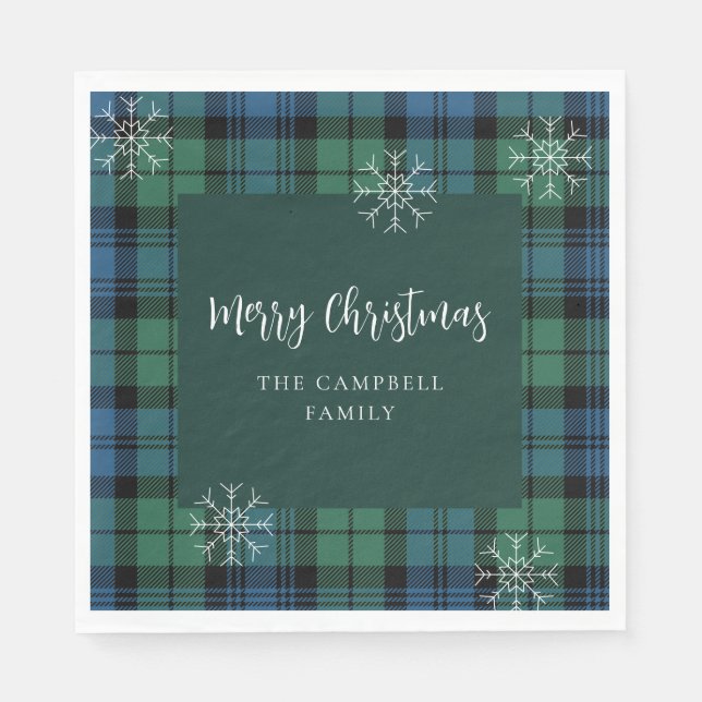 Plaid Script Green Blue Campbell Tartan Paper Napkins (Front)