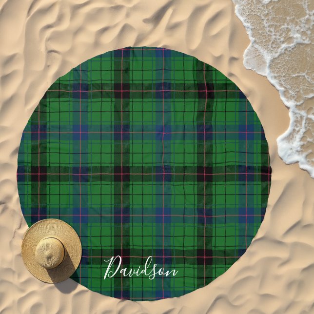 Plaid Script Green Vacation Rustic Tartan Beach Towel (Beach)