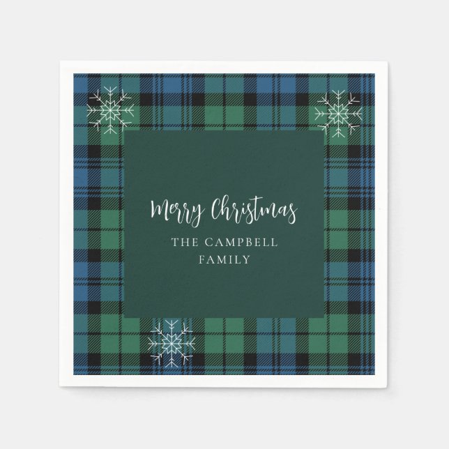 Plaid Script Snowflakes Campbell Tartan Paper Napkins (Front)