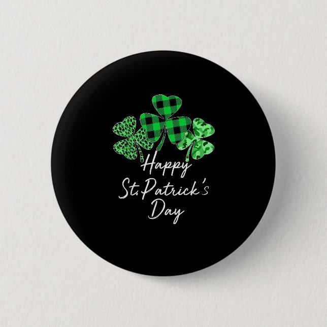 Plaid Shamrock Leopard Camouflage Happy St Patrick Button (Front)