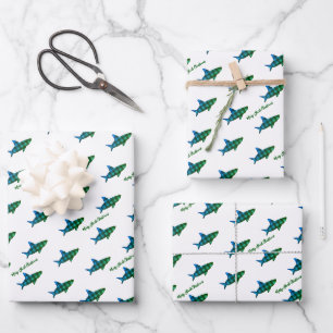 Plaid Shark Blue Green Christmas Wrapping Paper Sheets