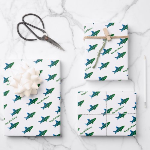 Plaid Shark Blue Green Christmas Wrapping Paper Sheets