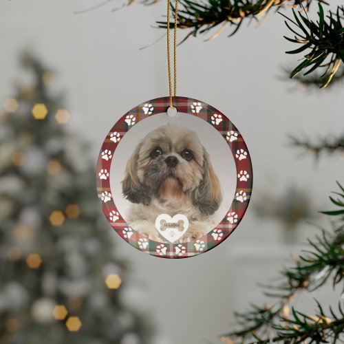 Plaid Shih Tzu Dog Pet Photo Christmas Holiday Ceramic Ornament