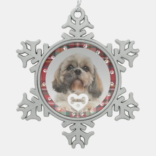 Plaid Shih Tzu Dog Pet Photo Christmas Holiday Snowflake Pewter Christmas Ornament