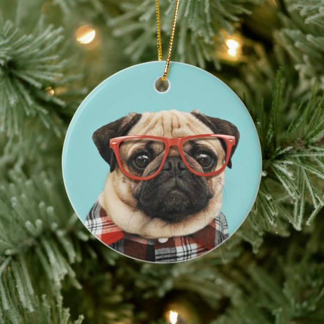 Plaid Shirt Pug Ceramic Ornament (Tree)