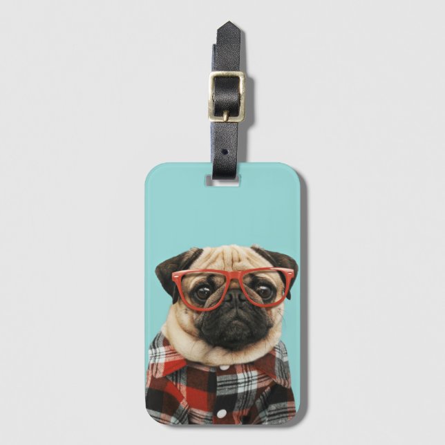 Plaid Shirt Pug Luggage Tag (Front Vertical)