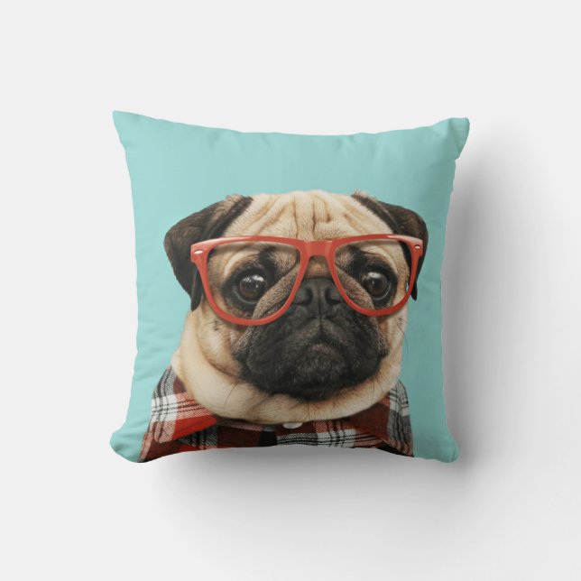 Plaid Shirt Pug Throw Pillow (Front)