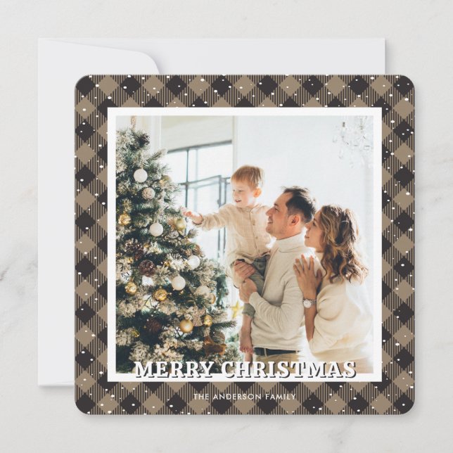 Plaid Snow Photo Merry Christmas Card (Front)
