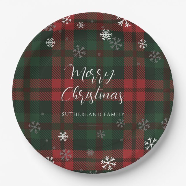 Plaid Snowflakes Pattern Christmas Holiday Party Paper Plates (Front)