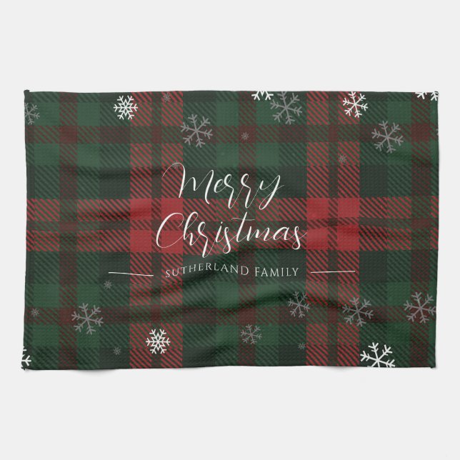 Plaid Snowflakes Pattern Personalized Christmas Kitchen Towel (Horizontal)