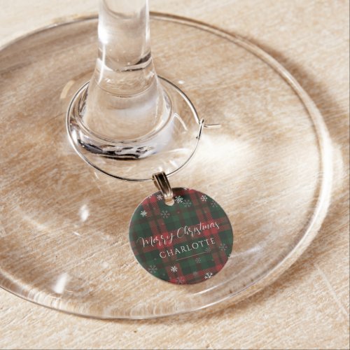 Plaid Snowflakes Pattern Personalized Rustic Wine Charm