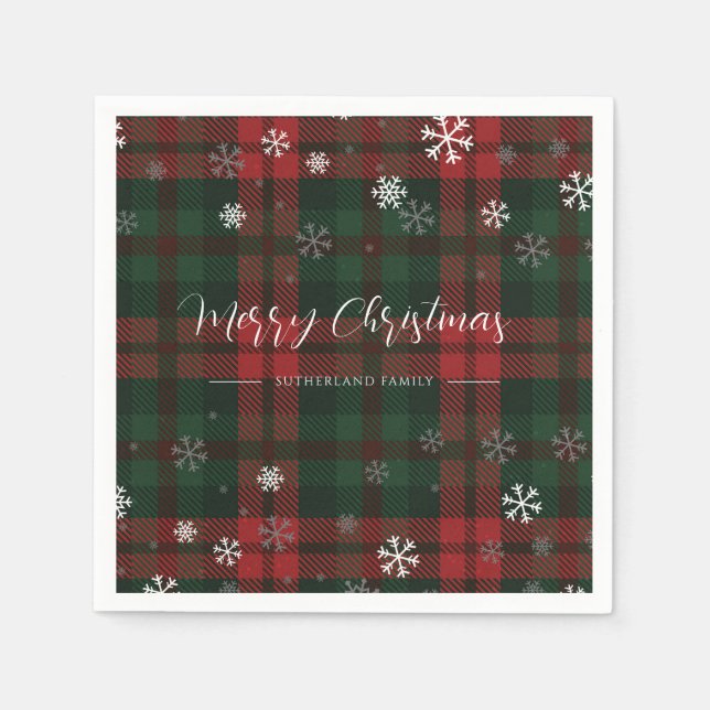 Plaid Snowflakes Pattern Personalized Winter Paper Napkins (Front)