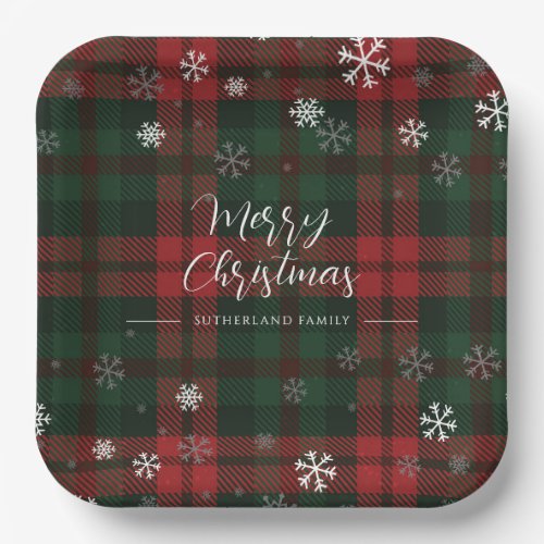 Plaid Snowflakes Pattern Personalized Winter Paper Plates