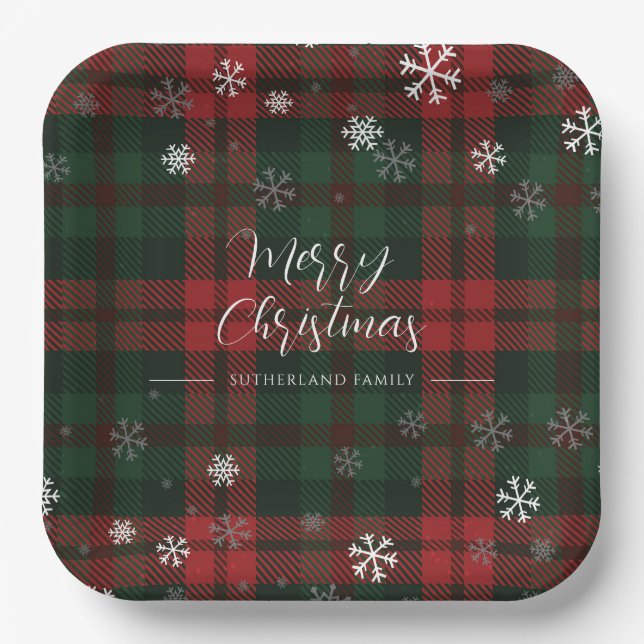 Plaid Snowflakes Pattern Personalized Winter Paper Plates (Front)