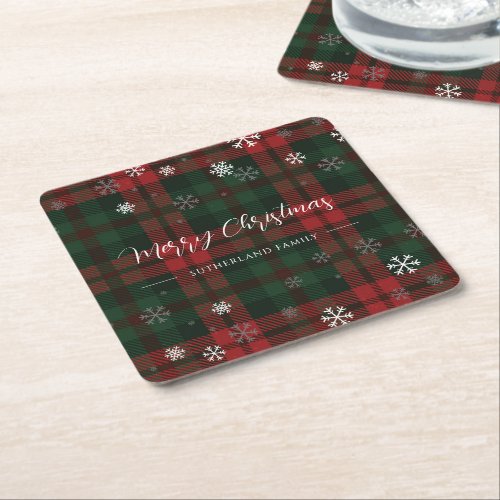 Plaid Snowflakes Pattern Personalized Winter Square Paper Coaster