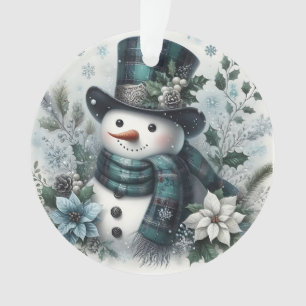 Plaid Snowman with Winter Florals and Holly Accent Ornament